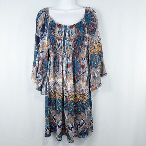 Boston‎ Proper Royal Peacock Flare Sleeve Mini Dress Size Small Abstract Boho